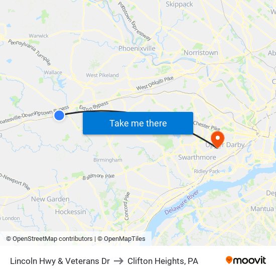 Lincoln Hwy & Veterans Dr to Clifton Heights, PA map
