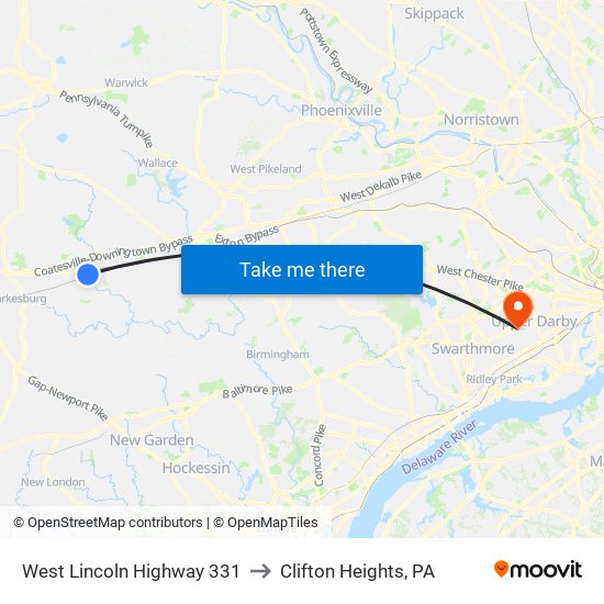 West Lincoln Highway 331 to Clifton Heights, PA map