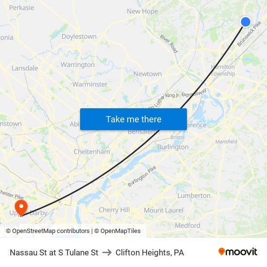 Nassau St at S Tulane St to Clifton Heights, PA map