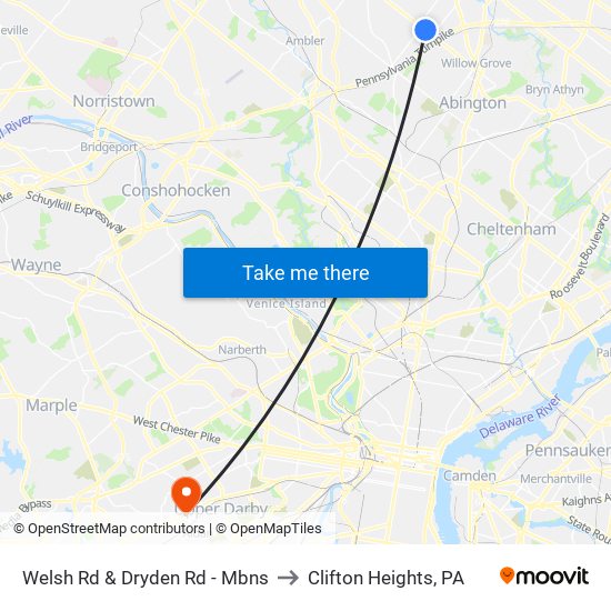 Welsh Rd & Dryden Rd - Mbns to Clifton Heights, PA map