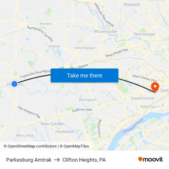 Parkesburg Amtrak to Clifton Heights, PA map
