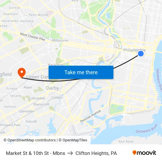 Market St & 10th St  - Mbns to Clifton Heights, PA map
