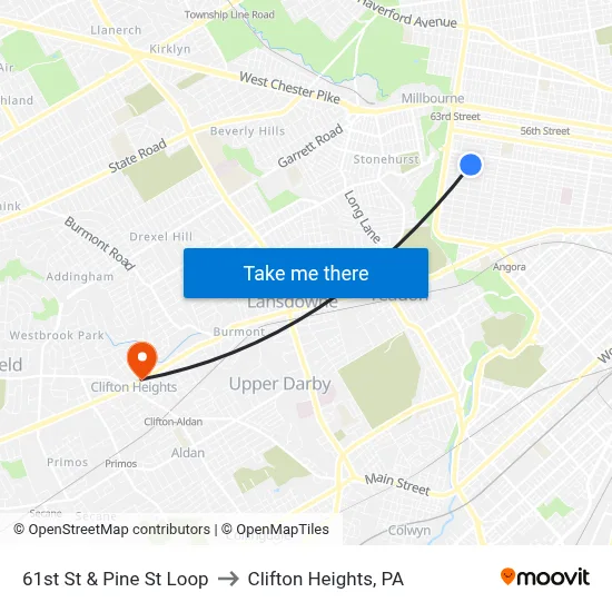61st St & Pine St Loop to Clifton Heights, PA map