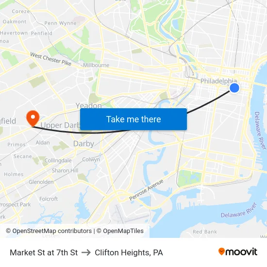 Market St at 7th St to Clifton Heights, PA map