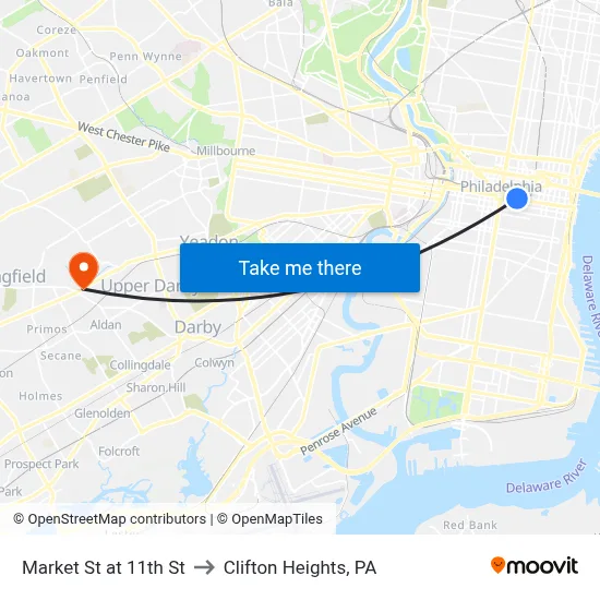 Market St at 11th St to Clifton Heights, PA map