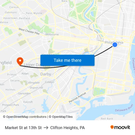 Market St at 13th St to Clifton Heights, PA map