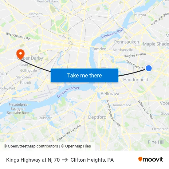Kings Highway at Nj 70 to Clifton Heights, PA map