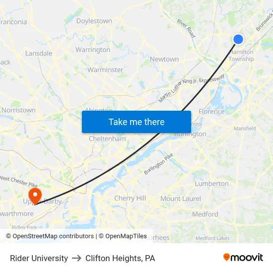 Rider University to Clifton Heights, PA map