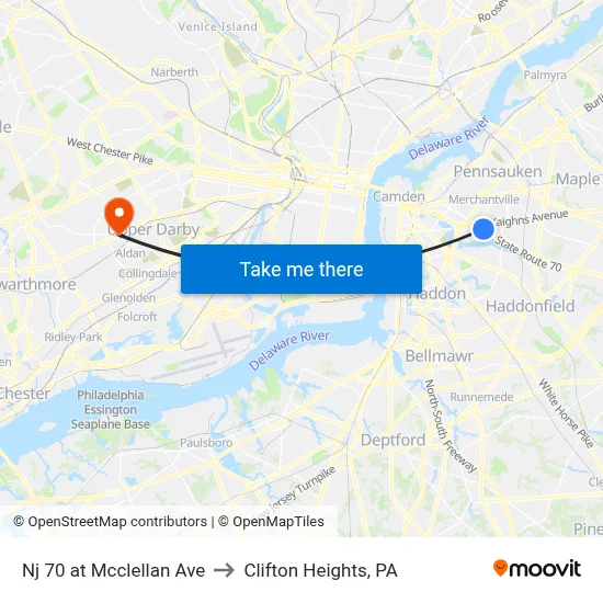 Nj 70 at Mcclellan Ave to Clifton Heights, PA map