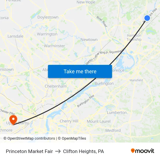 Princeton Market Fair to Clifton Heights, PA map