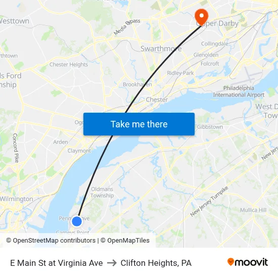 E Main St at Virginia Ave to Clifton Heights, PA map
