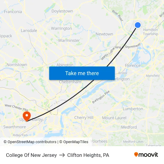 College Of New Jersey to Clifton Heights, PA map