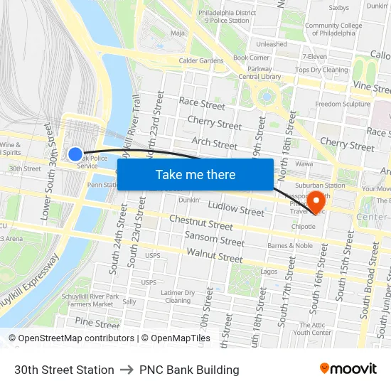 30th Street Station to PNC Bank Building map