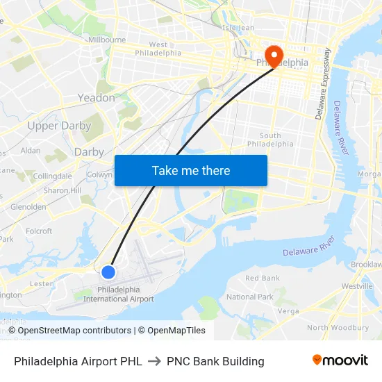 Philadelphia Airport PHL to PNC Bank Building map