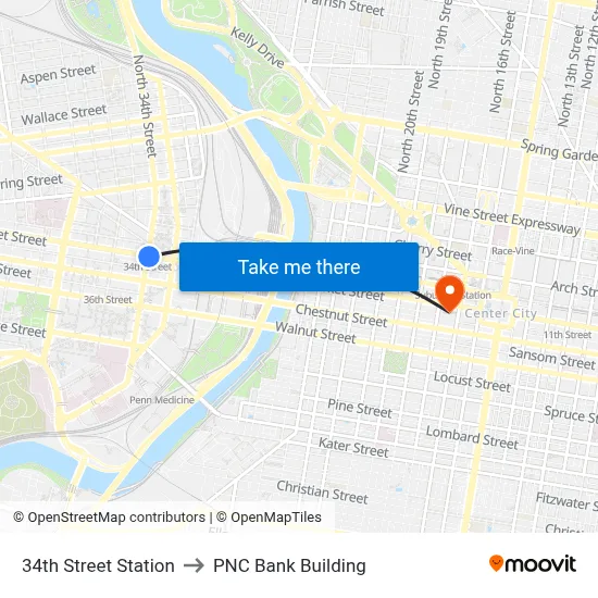 34th Street Station to PNC Bank Building map