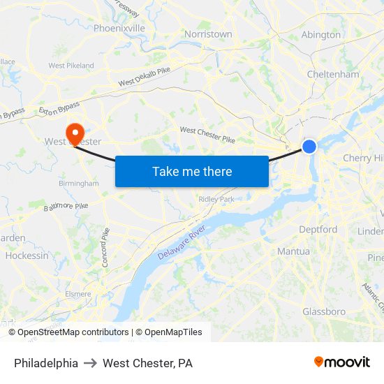 Philadelphia to West Chester, PA map