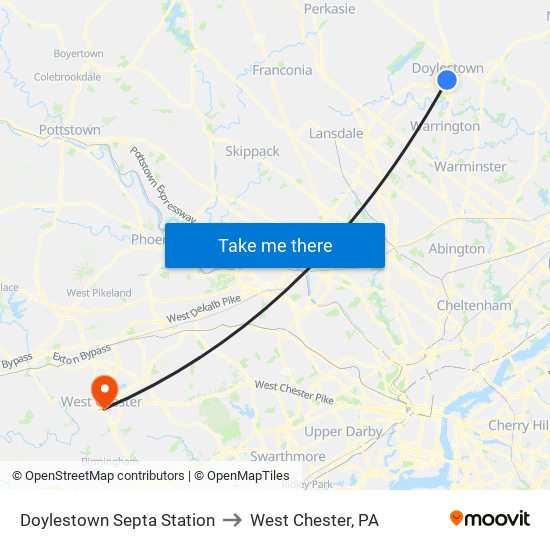 Doylestown Septa Station to West Chester, PA map