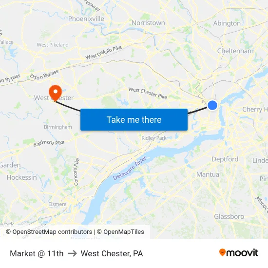 Market @ 11th to West Chester, PA map