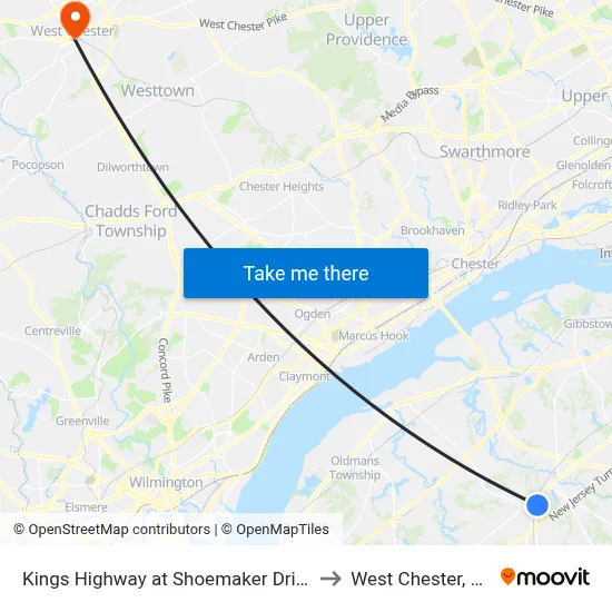 Kings Highway at Shoemaker Drive to West Chester, PA map