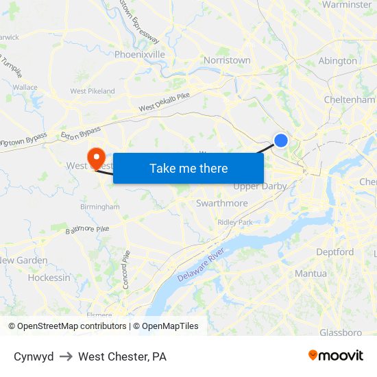 Cynwyd to West Chester, PA map