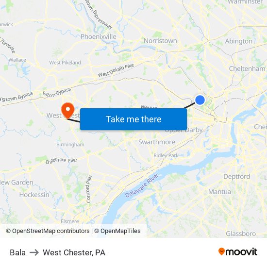 Bala to West Chester, PA map