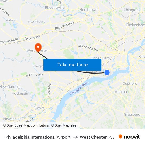 Philadelphia International Airport to West Chester, PA map