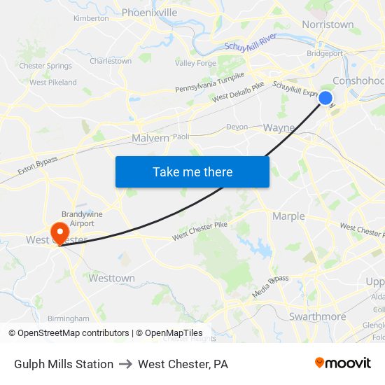 Gulph Mills Station to West Chester, PA map
