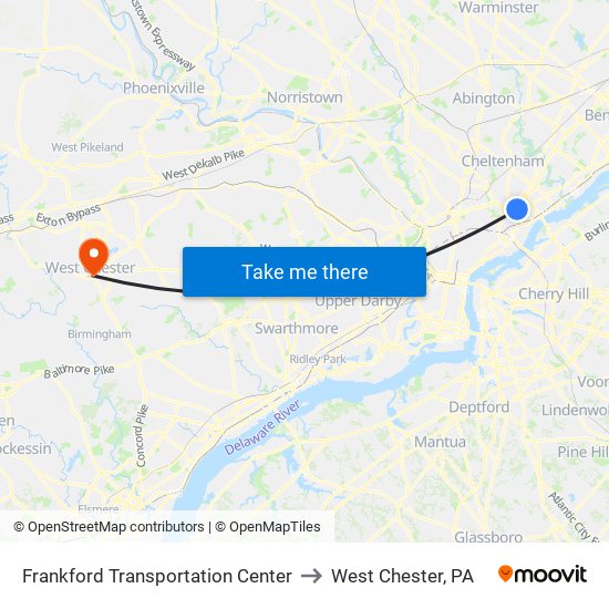 Frankford Transportation Center to West Chester, PA map