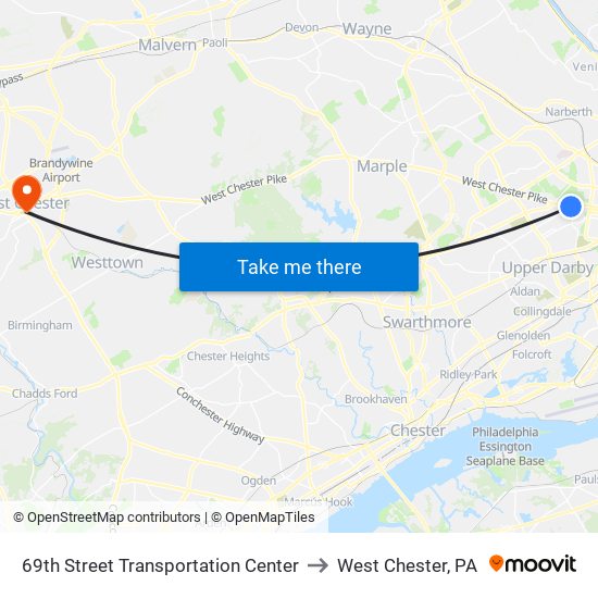 69th Street Transportation Center to West Chester, PA map