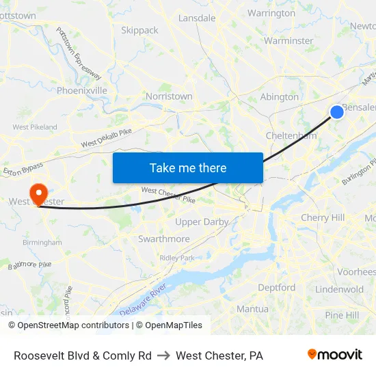 Roosevelt Blvd & Comly Rd to West Chester, PA map