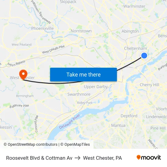 Roosevelt Blvd & Cottman Av to West Chester, PA map