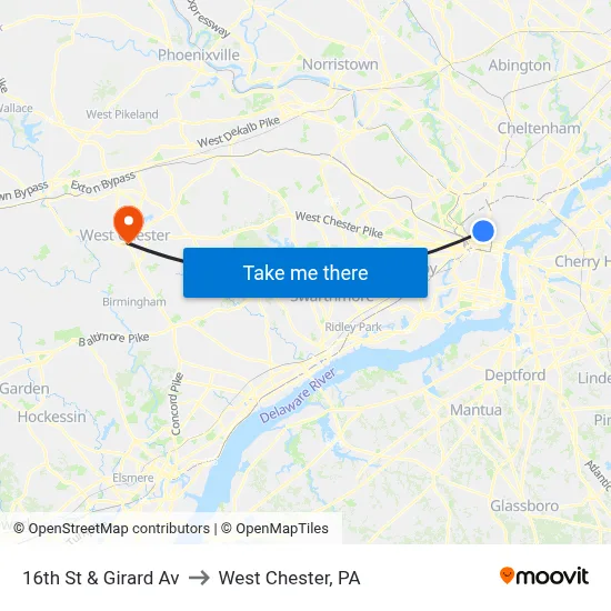 16th St & Girard Av to West Chester, PA map