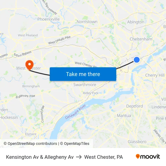 Kensington Av & Allegheny Av to West Chester, PA map