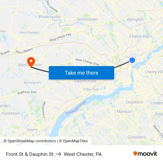 Front St & Dauphin St to West Chester, PA map