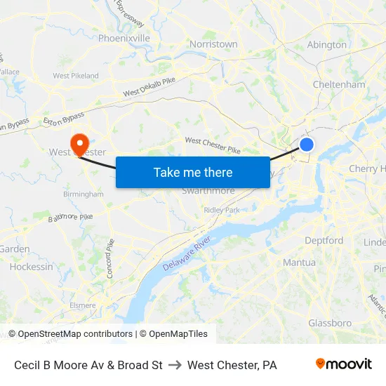 Cecil B Moore Av & Broad St to West Chester, PA map