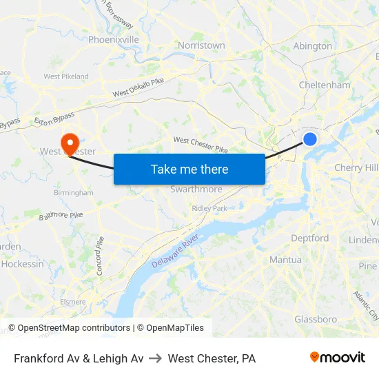 Frankford Av & Lehigh Av to West Chester, PA map
