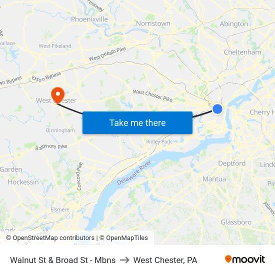 Walnut St & Broad St - Mbns to West Chester, PA map
