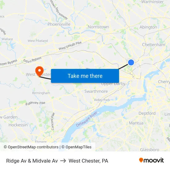 Ridge Av & Midvale Av to West Chester, PA map