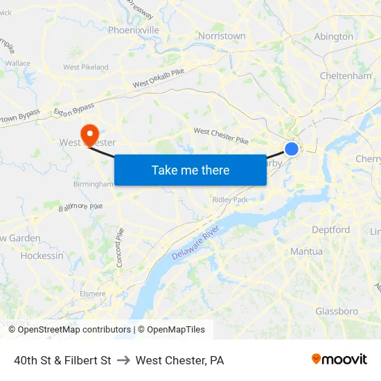 40th St & Filbert St to West Chester, PA map