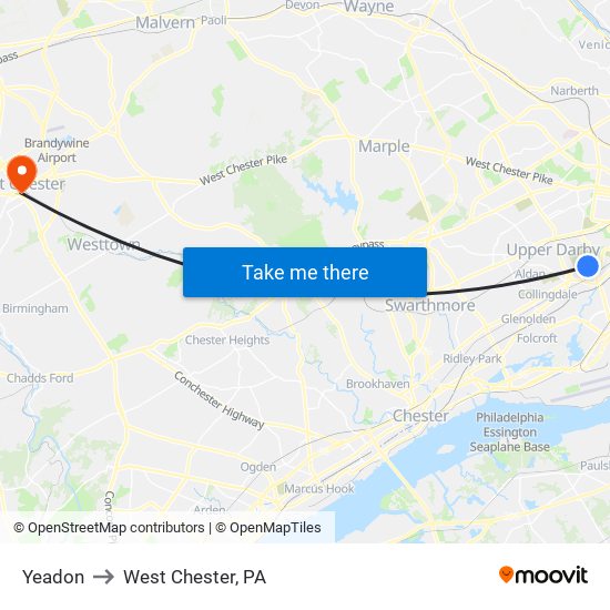 Yeadon to West Chester, PA map