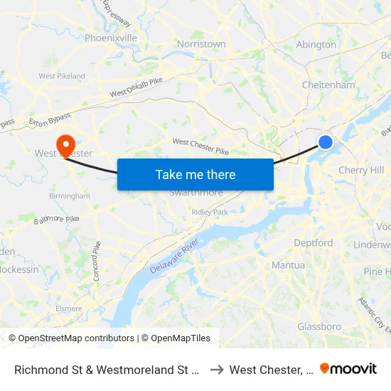 Richmond St & Westmoreland St Loop to West Chester, PA map