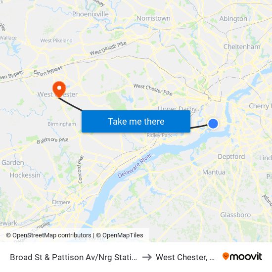 Broad St & Pattison Av/Nrg Station to West Chester, PA map