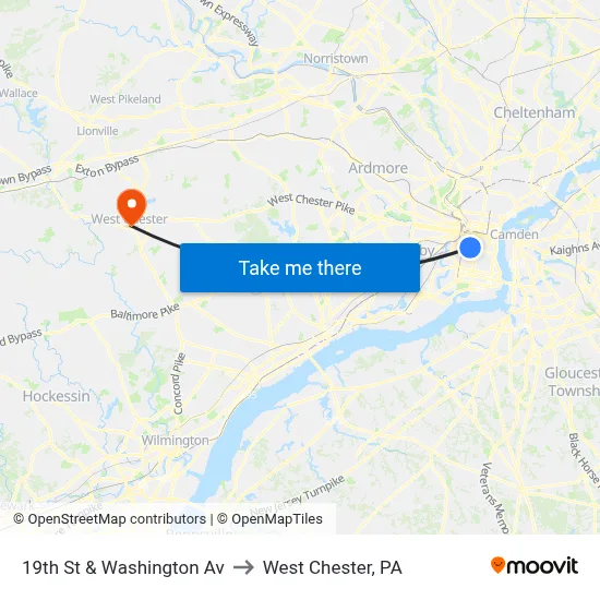 19th St & Washington Av to West Chester, PA map