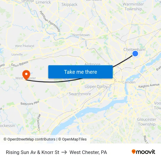 Rising Sun Av & Knorr St to West Chester, PA map