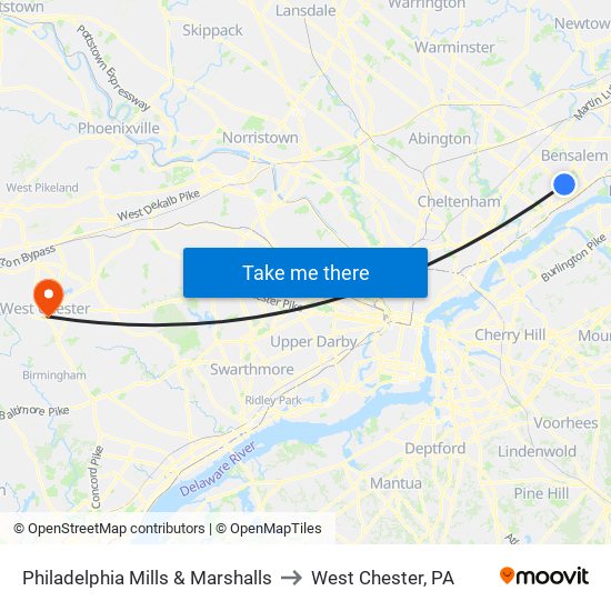 Philadelphia Mills & Marshalls to West Chester, PA map