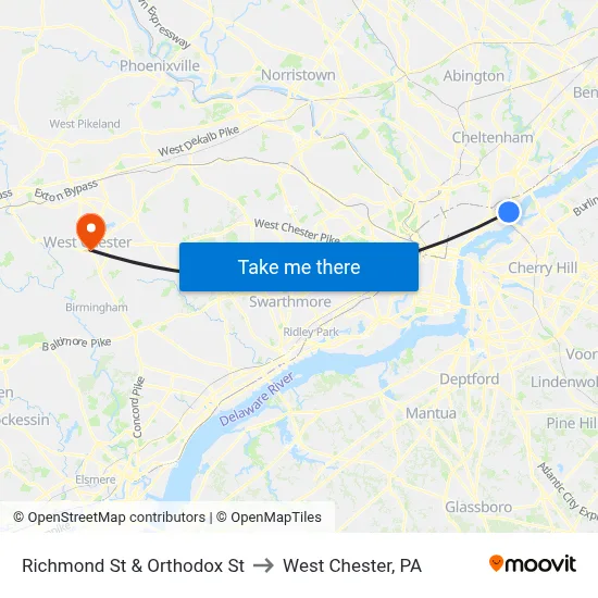 Richmond St & Orthodox St to West Chester, PA map