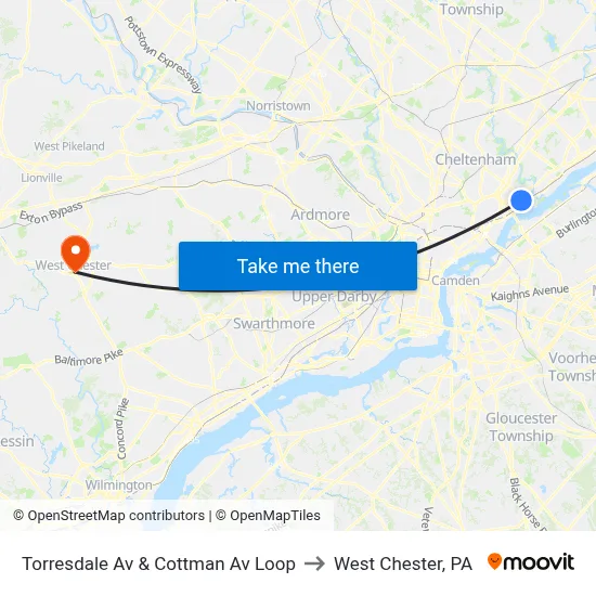 Torresdale Av & Cottman Av Loop to West Chester, PA map