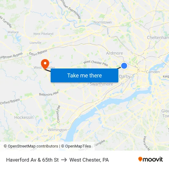 Haverford Av & 65th St to West Chester, PA map