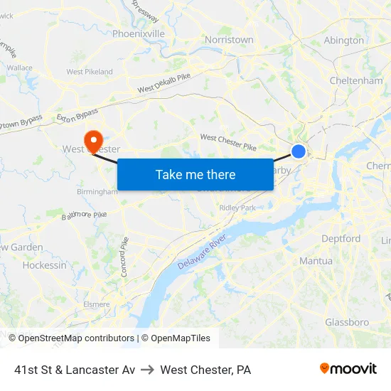 41st St & Lancaster Av to West Chester, PA map