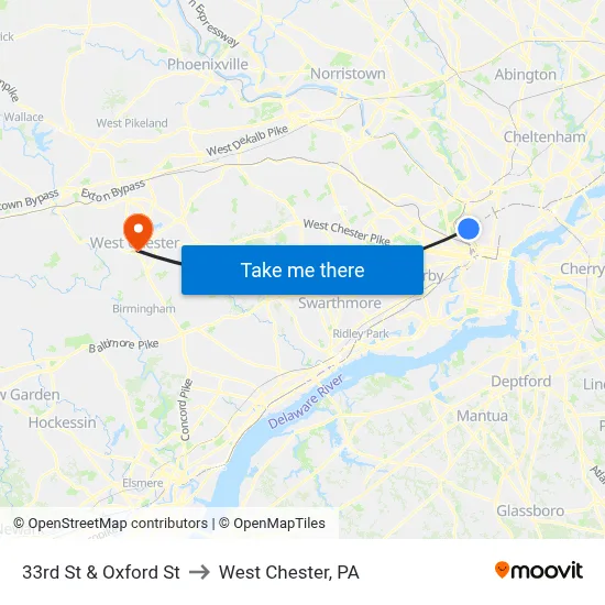 33rd St & Oxford St to West Chester, PA map